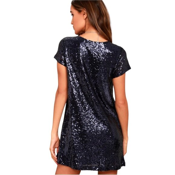Lulus Navy Blue Sequin Short Sleeve V-Neck Shift Dress Women SZ XS - Picture 3 of 14